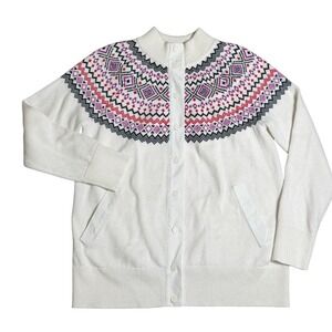 T by Talbots Women M Fair Isle Knit Button Front Cardigan Sweater White Ski